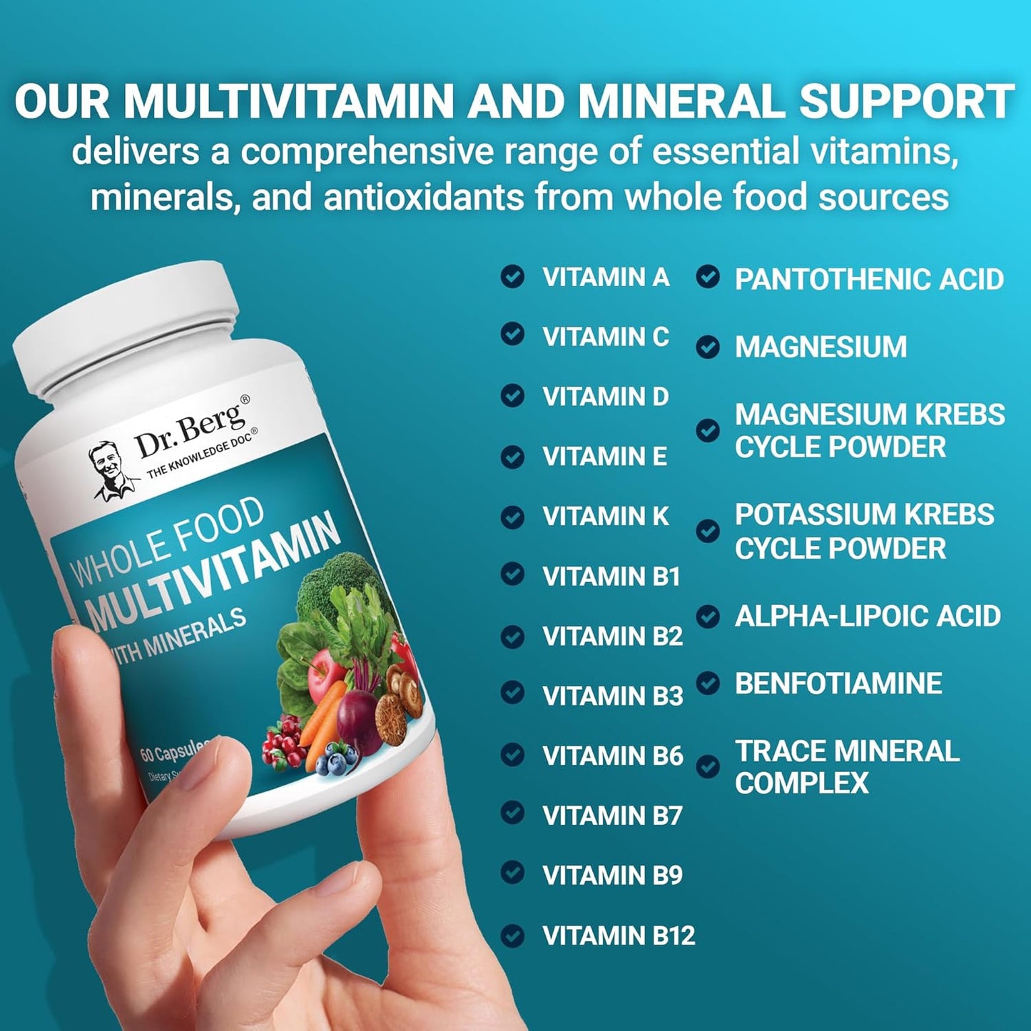 Premium Whole Food Multivitamin for Men and Women - Dr. Berg Nutritionals - 60 Capsules - Includes Minerals, Fruits, Vegetables, Folate, Alpha-Lipoic Acid