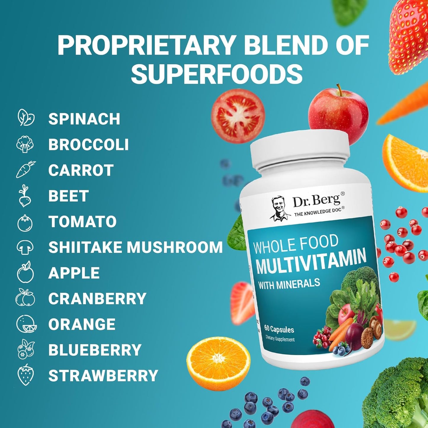 Premium Whole Food Multivitamin for Men and Women - Dr. Berg Nutritionals - 60 Capsules - Includes Minerals, Fruits, Vegetables, Folate, Alpha-Lipoic Acid