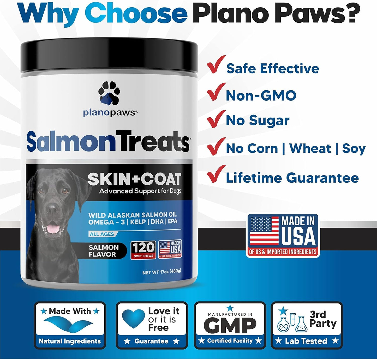 Premium Wild Alaskan Salmon Oil Dog Chews - Skin & Coat Supplement with Omega 3 - Allergy Relief & Shedding Control - 120 Dog Vitamins for Healthy Skin & Coat