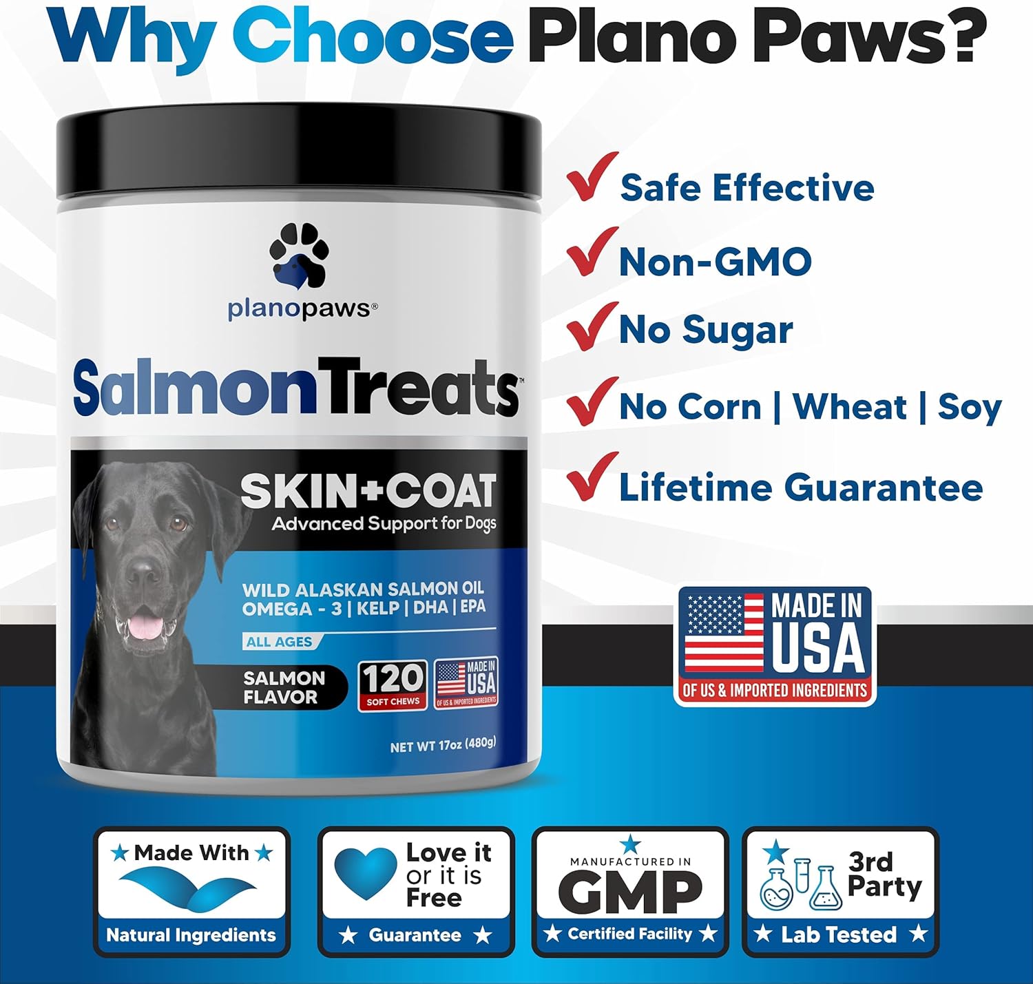 Premium Wild Alaskan Salmon Oil Dog Chews - Skin & Coat Supplement with Omega 3 - Allergy Relief & Shedding Control - 120 Dog Vitamins for Healthy Skin & Coat