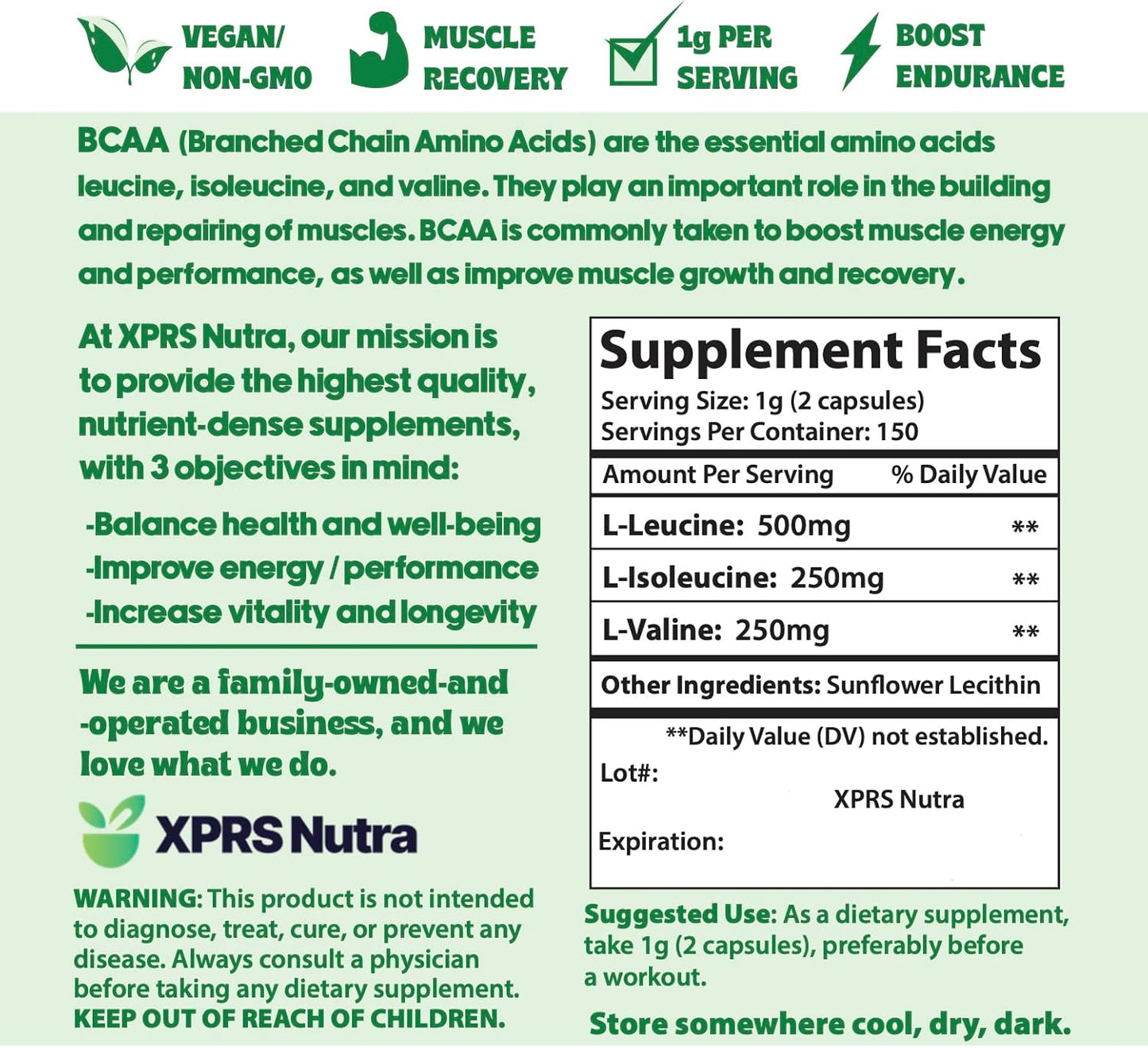 Premium XPRS Nutra BCAA Amino Acids Capsules - 3 Month Supply - Branched Chain Amino Acids Supplement