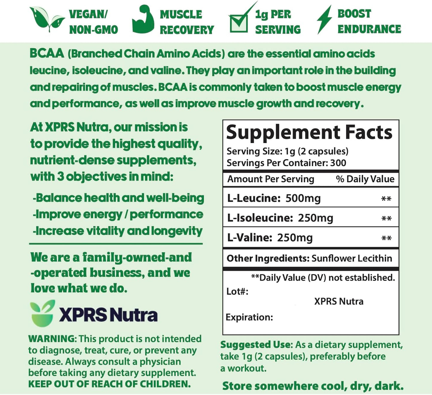 Premium XPRS Nutra BCAA Amino Acids Capsules - 6 Month Supply - Branched Chain Amino Acids Supplement