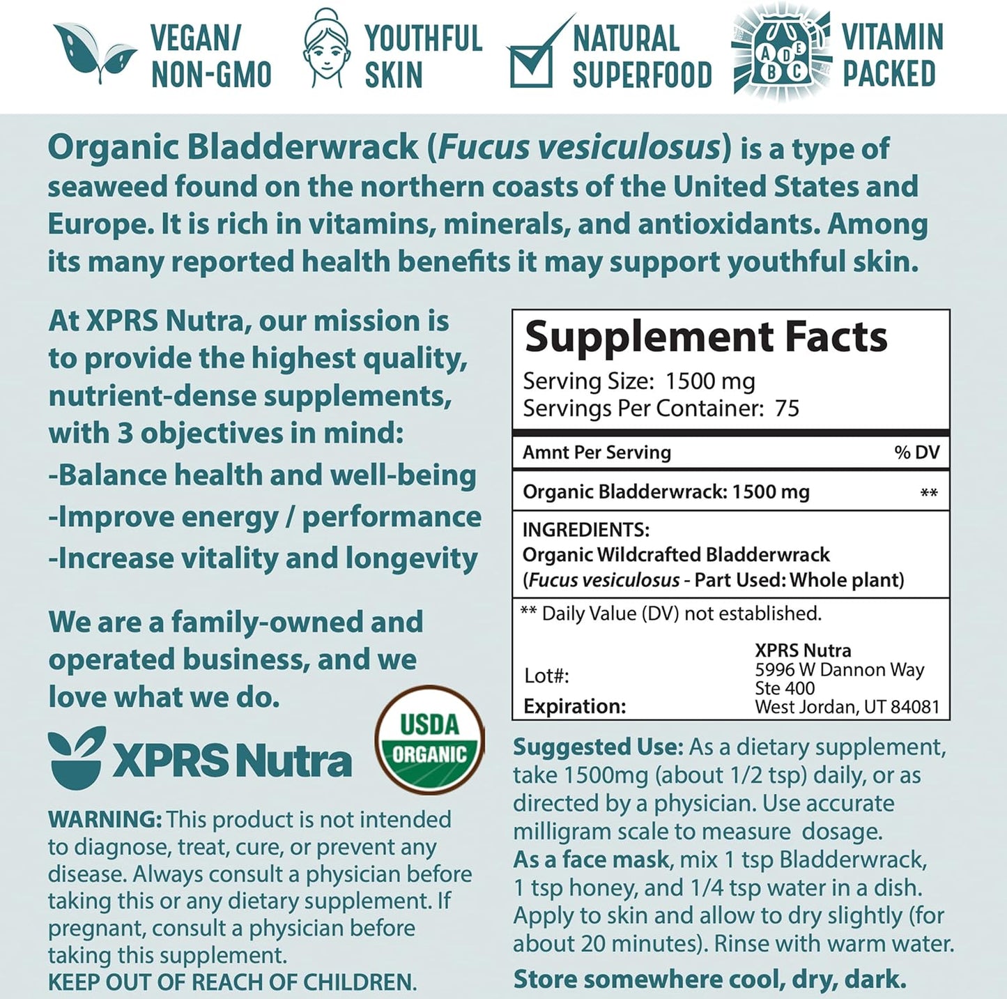 Premium XPRS Nutra Organic Bladderwrack Powder for Glowing Skin - Vegan-Friendly Iodine Supplement (4 oz)