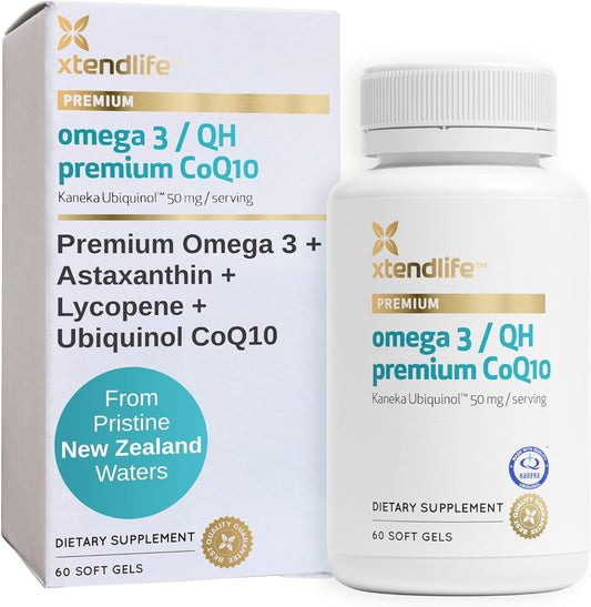 Premium Xtendlife Omega-3 QH Fish Oil with CoQ10 - 1100mg DHA, EPA, Ubiquinol, Astaxanthin, and Lycopene for Heart, Brain, Joint, Skin Health - 1 Month Supply (60 Capsules)