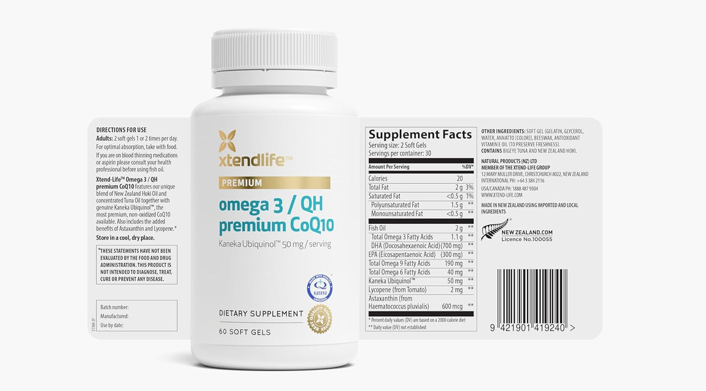 Premium Xtendlife Omega-3 QH Fish Oil with CoQ10 - 1100mg DHA, EPA, Ubiquinol, Astaxanthin, and Lycopene for Heart, Brain, Joint, Skin Health - 1 Month Supply (60 Capsules)