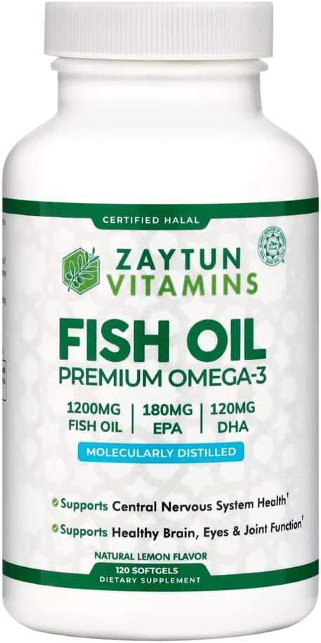 Premium Zaytun Halal Fish Oil 1200mg Omega 3, Lemon Flavor, Brain & Heart Health Support - 4 Months Supply, Keto & Gluten Free