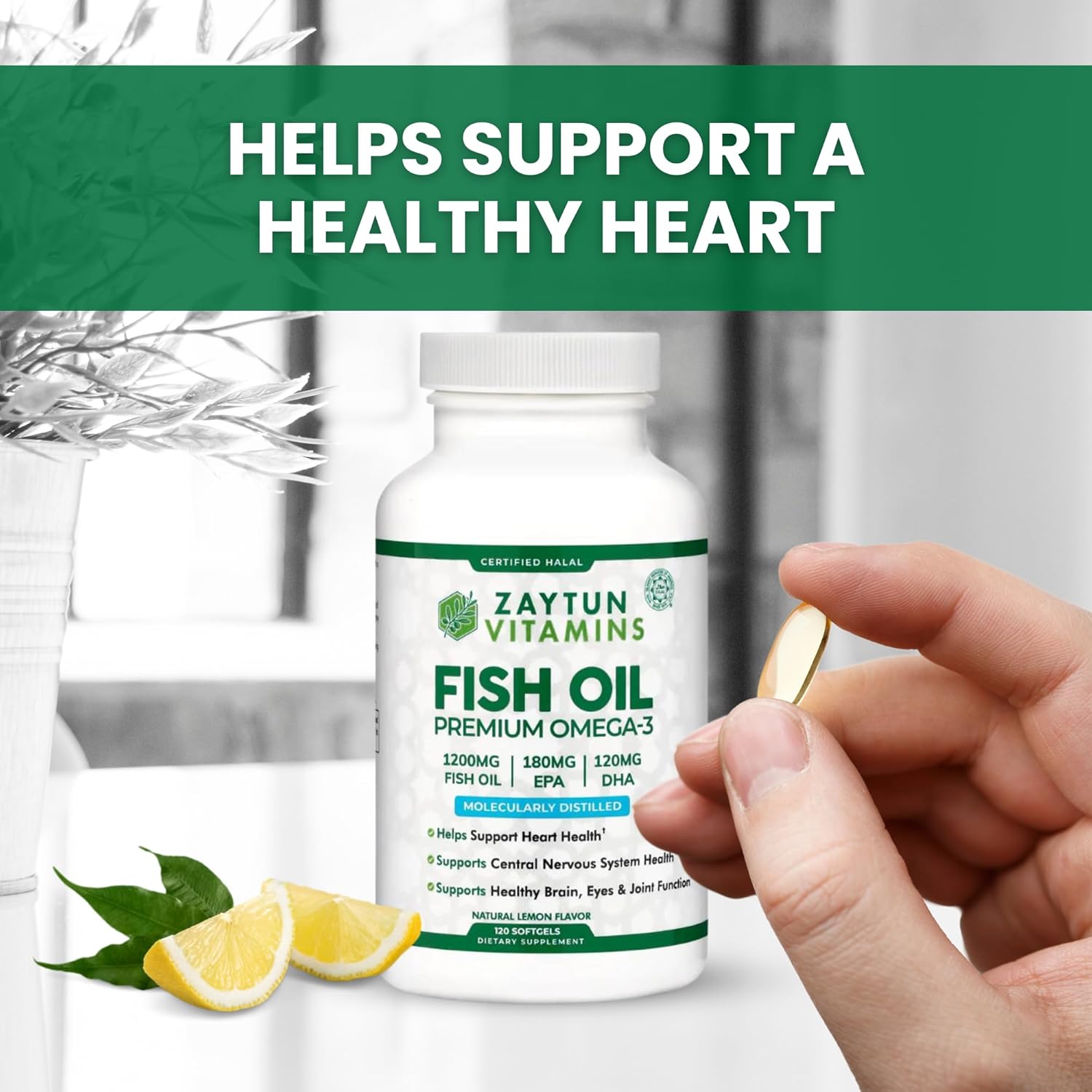 Premium Zaytun Halal Fish Oil 1200mg Omega 3, Lemon Flavor, Brain & Heart Health Support - 4 Months Supply, Keto & Gluten Free