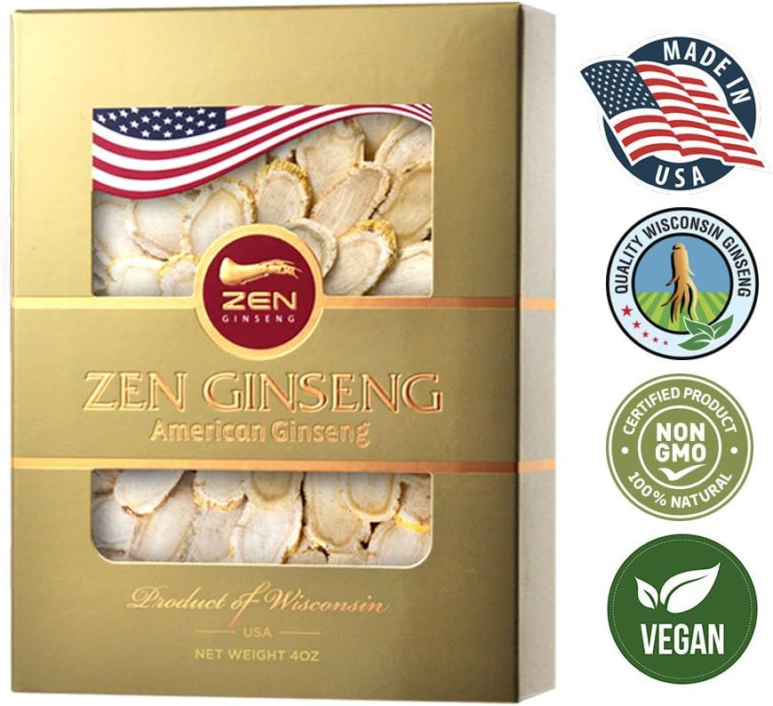 Premium Zen Ginseng American Wisconsin Ginseng Slices - Boost Energy, Performance, and Mental Health - 16 Oz Jar for Men and Women