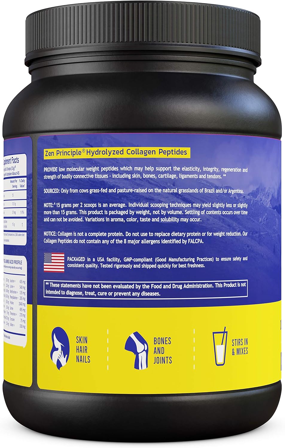 Premium Zen Principle Grass-Fed Collagen Peptides 1.5 lb - Anti-Aging Protein Powder for Hair, Skin, Joints & Nails - Paleo & Keto Friendly, GMO & Gluten Free - Pasture-Raised Bovine