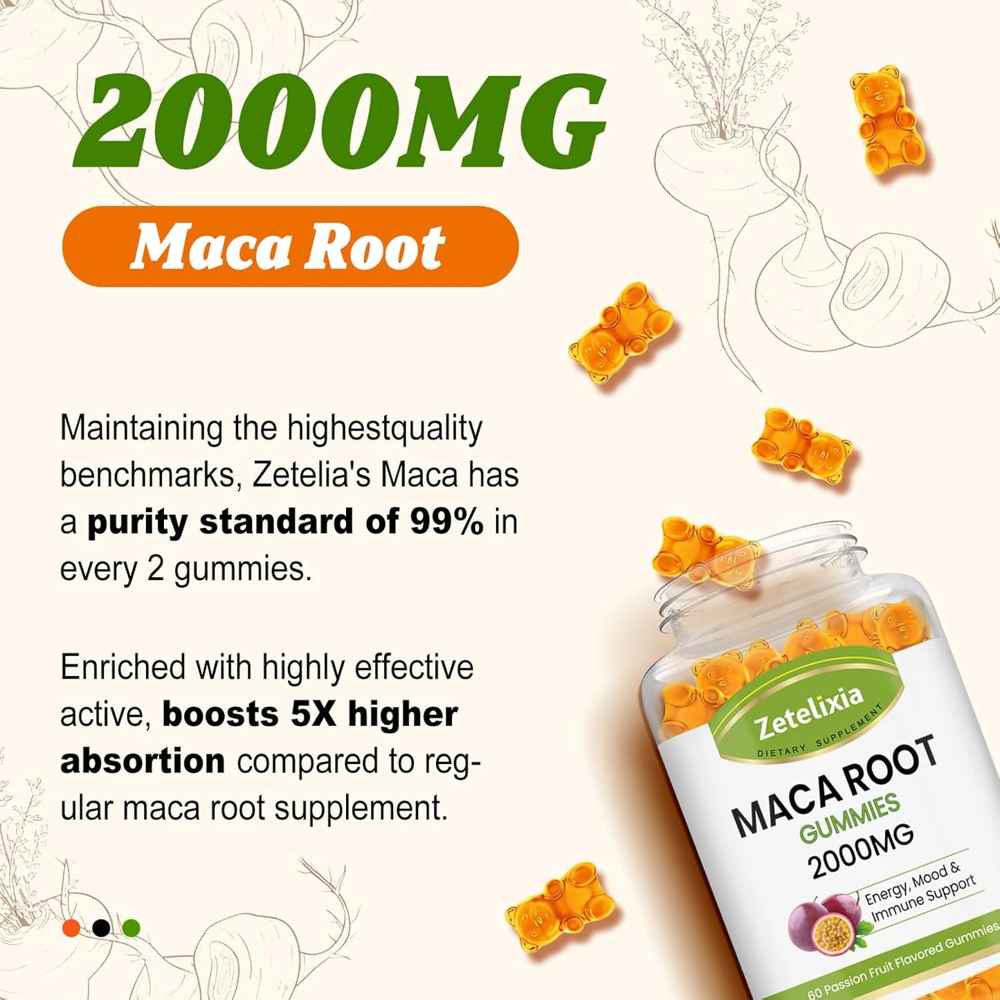 Premium Zetelixia Maca Root Gummies for Enhanced Absorption - Yellow, Red, Black Maca Blend for Women and Men - Vegan Passion Fruit Flavor - 120 Gummies