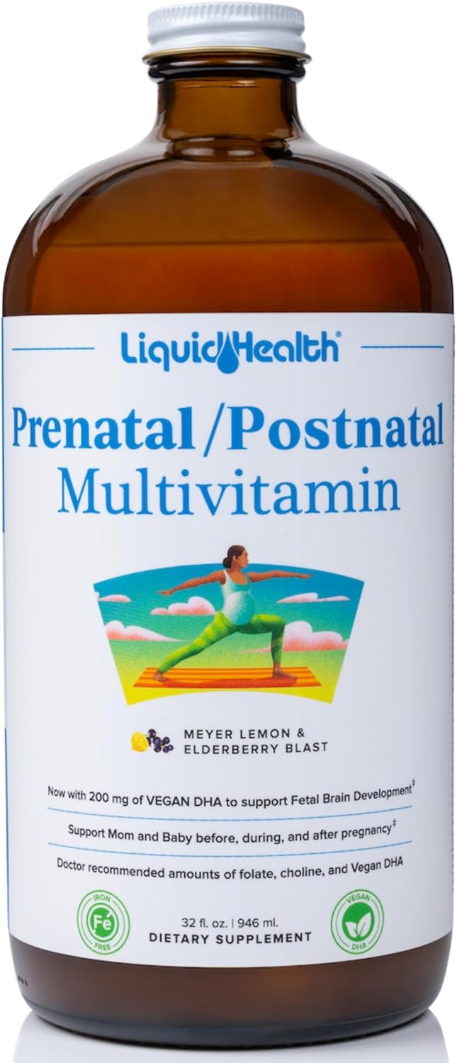 Prenatal and Postnatal Liquid Women's Multivitamin with Real Folate - Vegan, Sugar-Free, Non GMO - 32 oz Bottle for Before, During, After Pregnancy