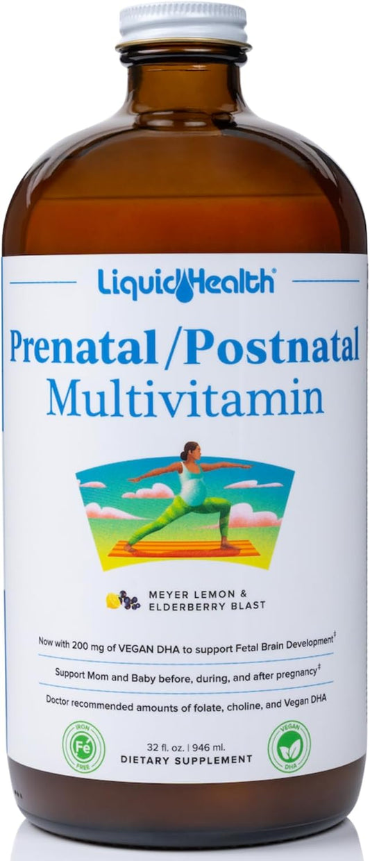 Prenatal and Postnatal Liquid Women's Multivitamin with Real Folate - Vegan, Sugar-Free, Non GMO - 32 oz Bottle for Before, During, After Pregnancy