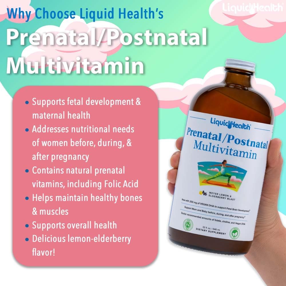 Prenatal and Postnatal Liquid Women's Multivitamin with Real Folate - Vegan, Sugar-Free, Non GMO - 32 oz Bottle for Before, During, After Pregnancy