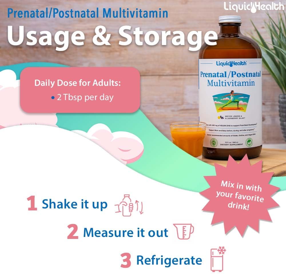 Prenatal and Postnatal Liquid Women's Multivitamin with Real Folate - Vegan, Sugar-Free, Non GMO - 32 oz Bottle for Before, During, After Pregnancy