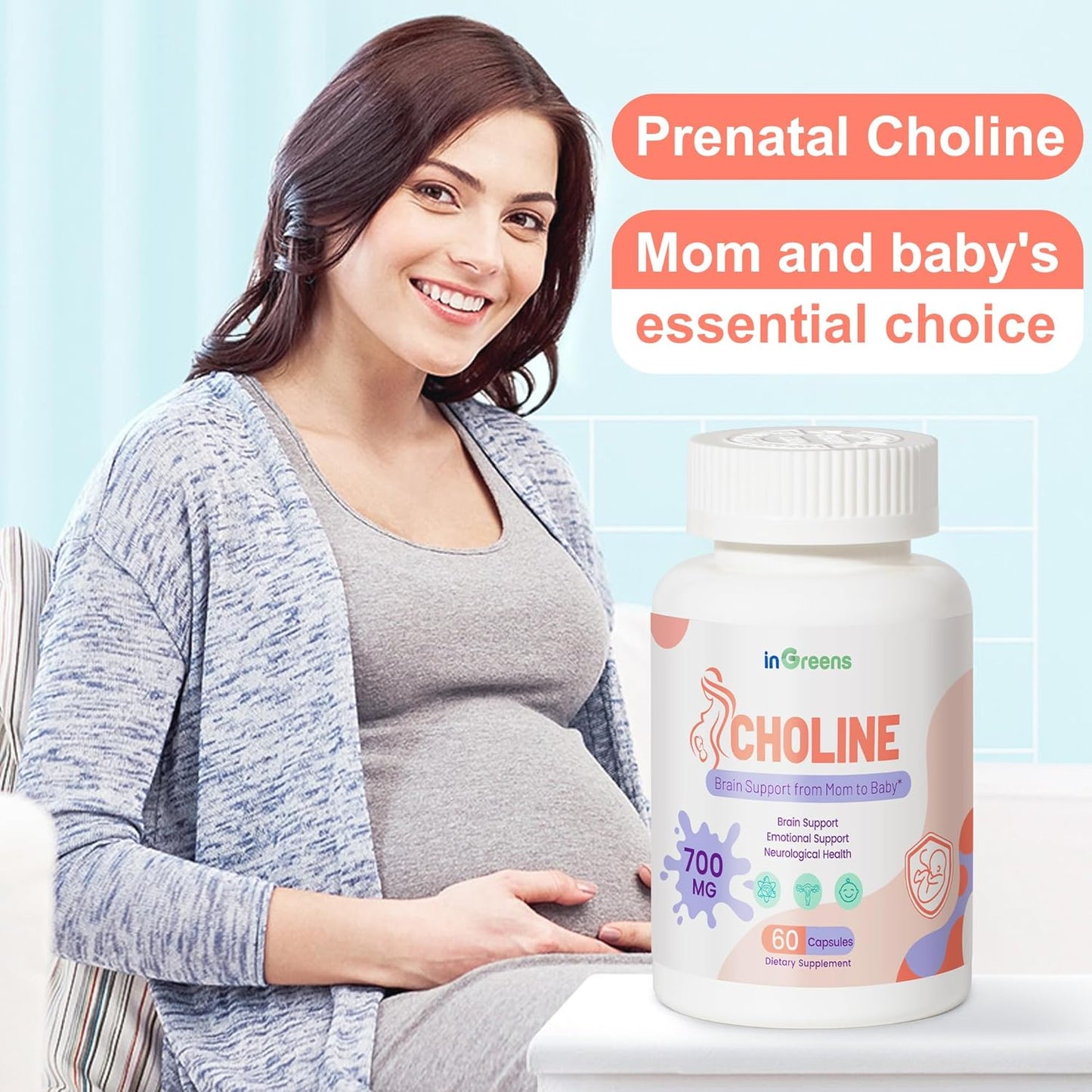 Prenatal Choline Supplement with Inositol, B1, B6 - Supports Brain Development in Utero & Early Life - 30 Day Supply