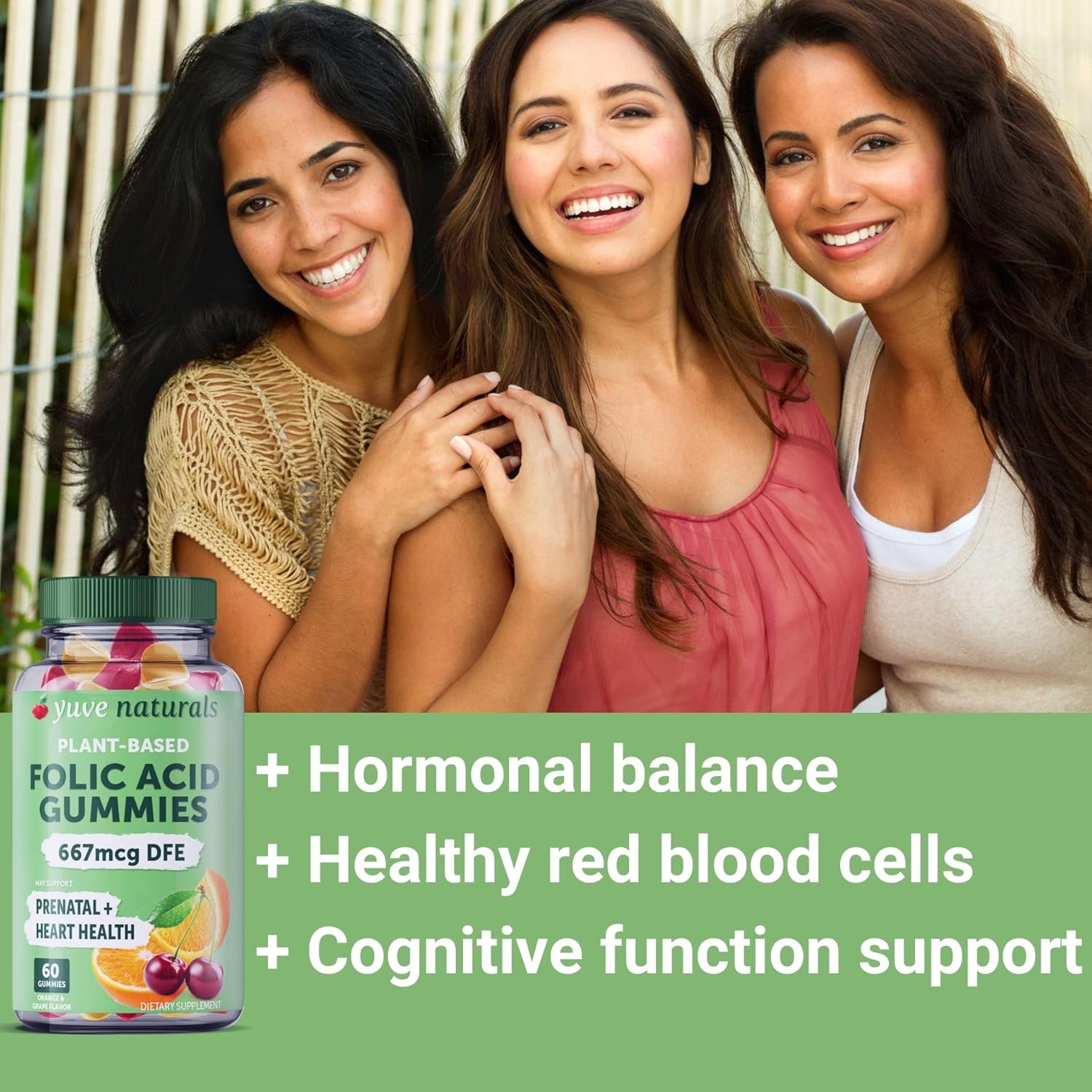 Prenatal Gummies for Women with Folic Acid - Vegan Pregnancy Vitamins - Hormonal Support - 60 ct