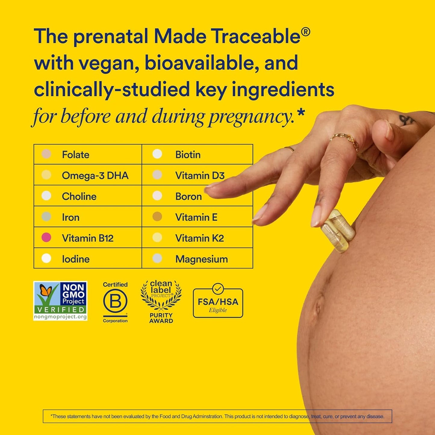 Prenatal Multivitamin for Women: Folate, Choline, Omega-3 DHA, Iron, Calcium, Non-GMO, Vegan - Mint Flavor, 30 Day Supply