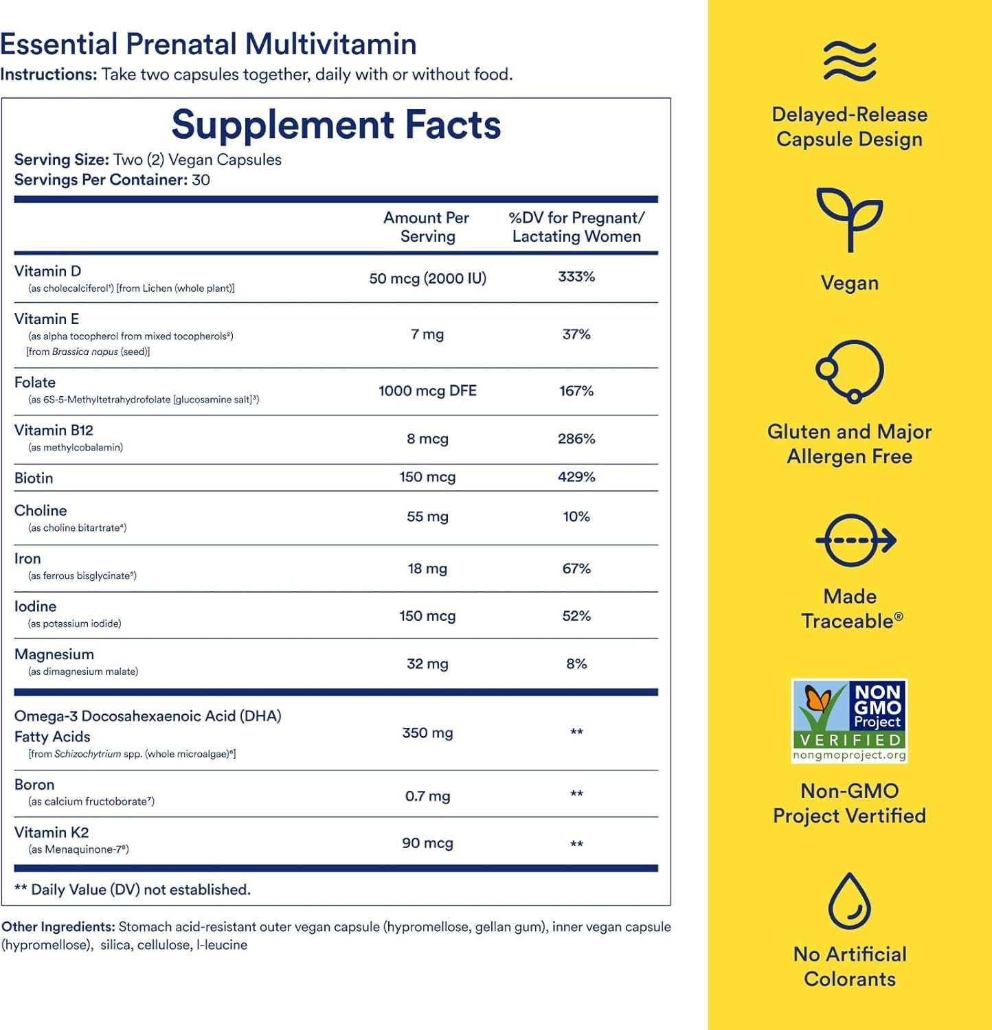 Prenatal Multivitamin for Women: Folate, Choline, Omega-3 DHA, Iron, Calcium, Non-GMO, Vegan - Mint Flavor, 30 Day Supply