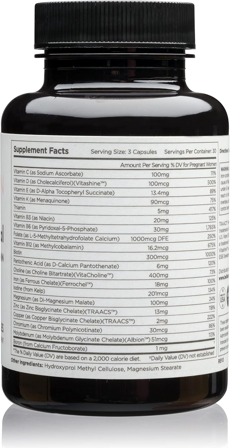Prenatal Multivitamin for Women with Choline, Folate, Vitamin D - Supports Egg Quality and Fertility - Gluten & Allergen Free - 90 Vegan Capsules