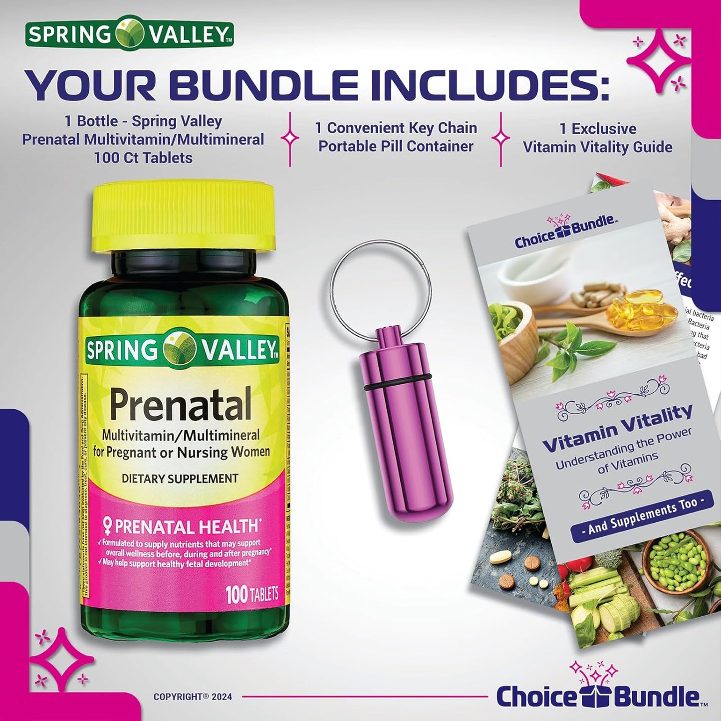 Prenatal Multivitamin Multimineral Tablets Bundle for Pregnant & Nursing Women - 100 Ct + Vitamin Guide & Pill Container