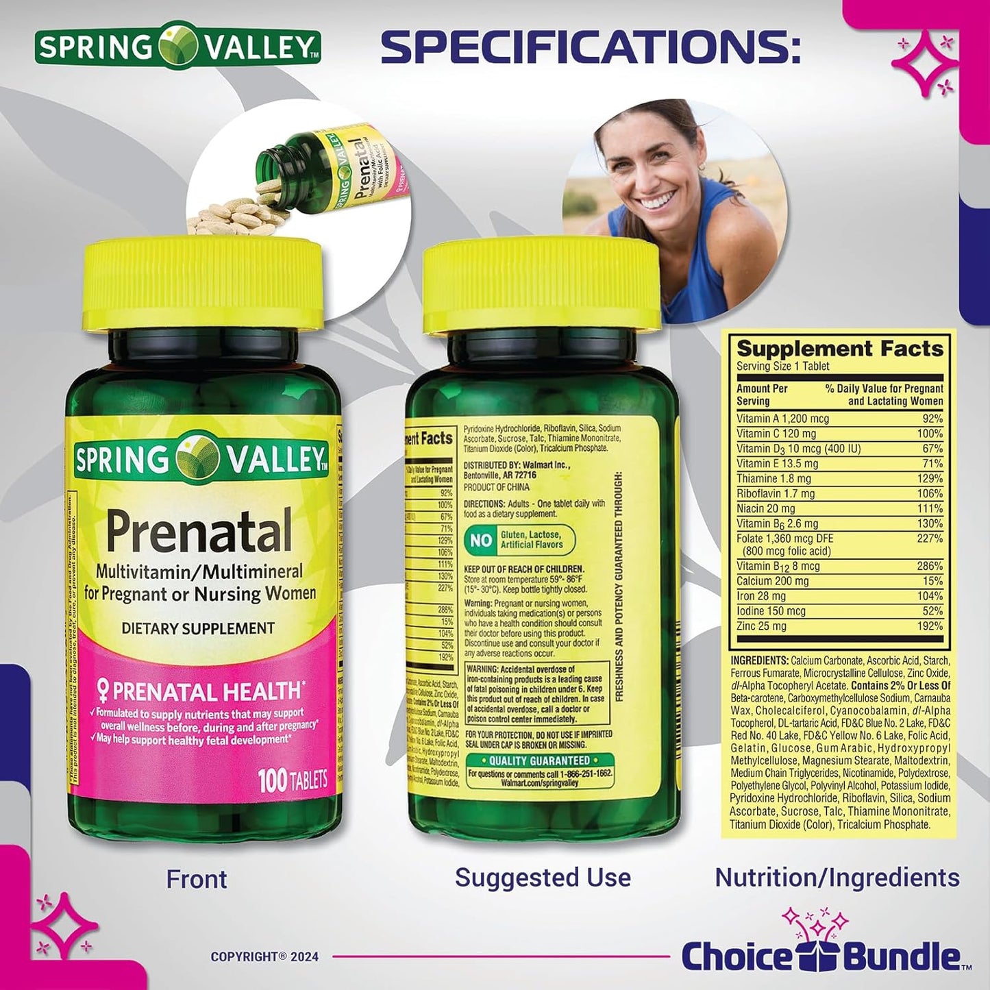 Prenatal Multivitamin Multimineral Tablets Bundle for Pregnant & Nursing Women - 100 Ct + Vitamin Guide & Pill Container