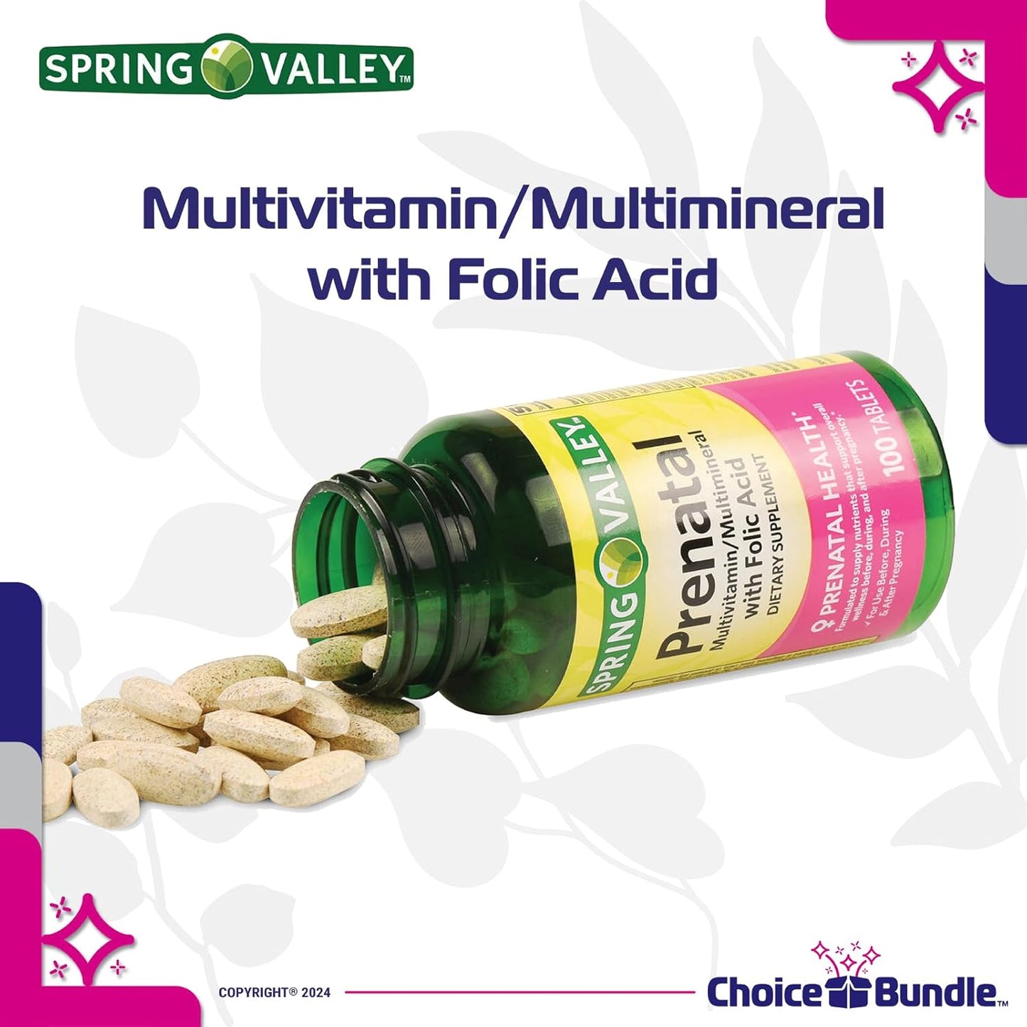 Prenatal Multivitamin Multimineral Tablets Bundle for Pregnant & Nursing Women - 100 Ct + Vitamin Guide & Pill Container
