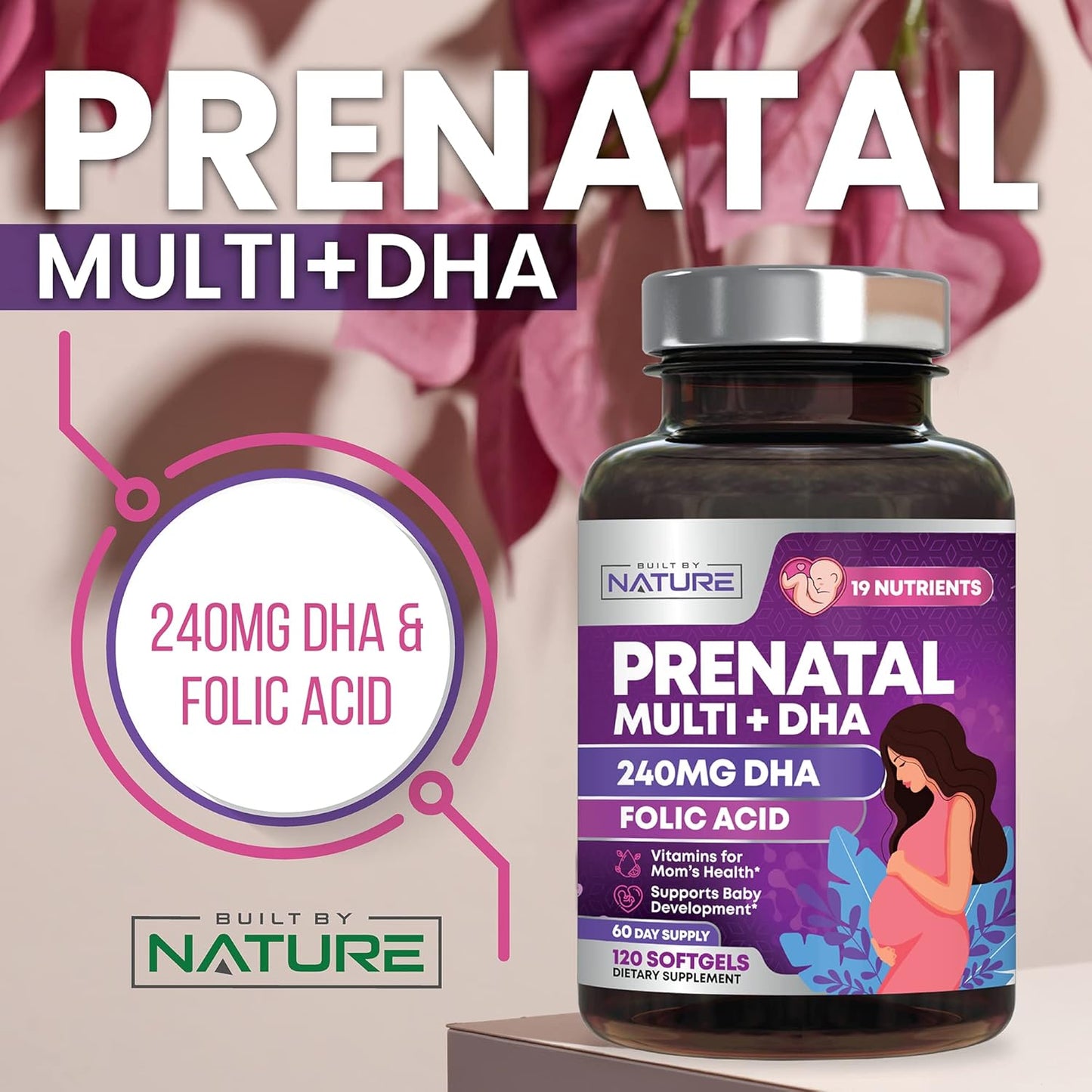 Prenatal Multivitamin with DHA, Folic Acid, Vitamin C, B12, Iron & Omega-3 - 120 Softgels for Women - Supports Healthy Growth & Brain Development Before, During, & After Pregnancy