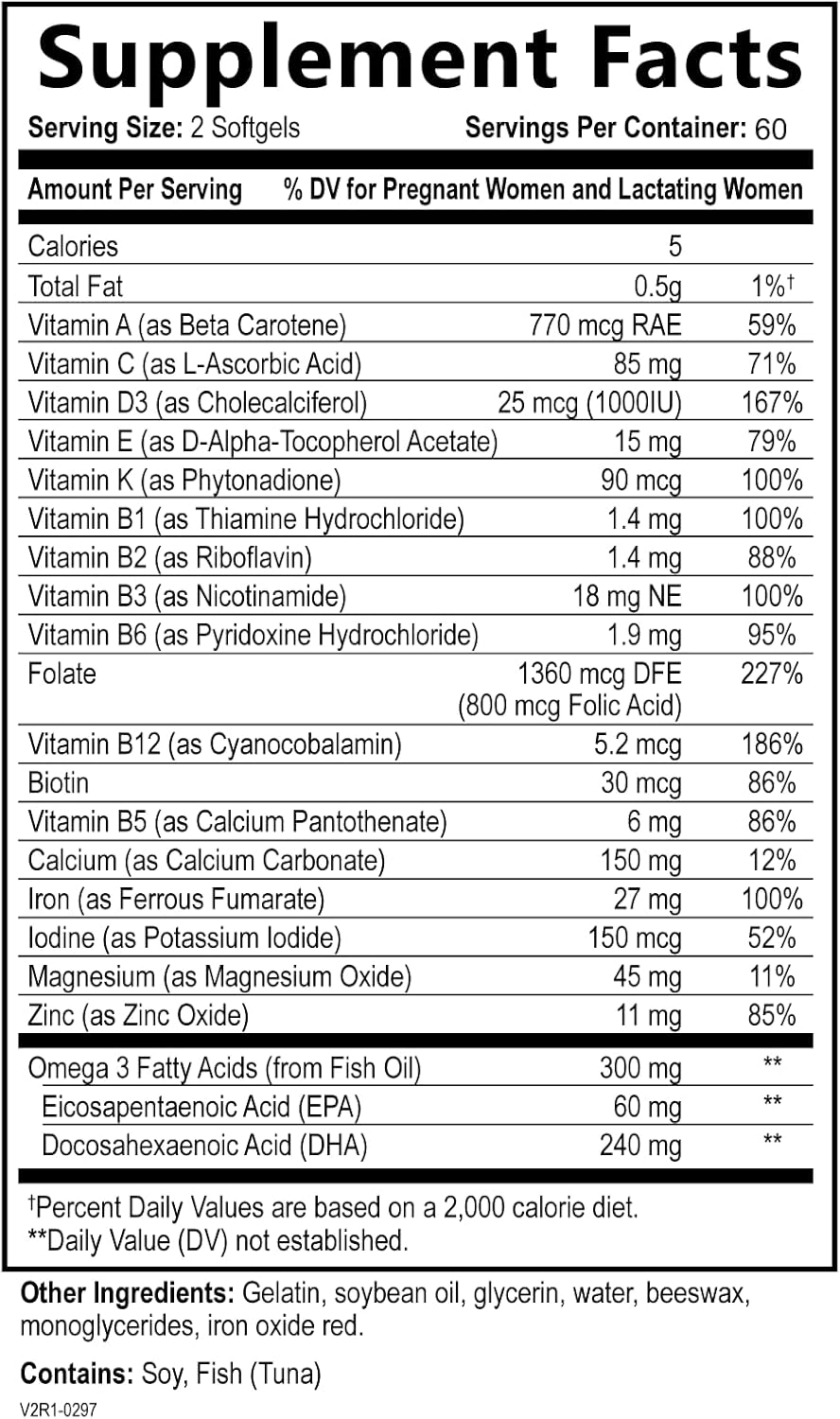 Prenatal Multivitamin with DHA, Folic Acid, Vitamin C, B12, Iron & Omega-3 - 120 Softgels for Women - Supports Healthy Growth & Brain Development Before, During, & After Pregnancy