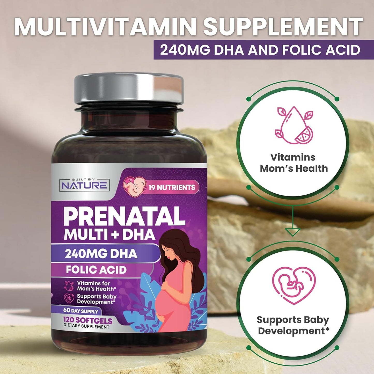 Prenatal Multivitamin with DHA, Folic Acid, Vitamin C, B12, Iron & Omega-3 - 120 Softgels for Women - Supports Healthy Growth & Brain Development Before, During, & After Pregnancy