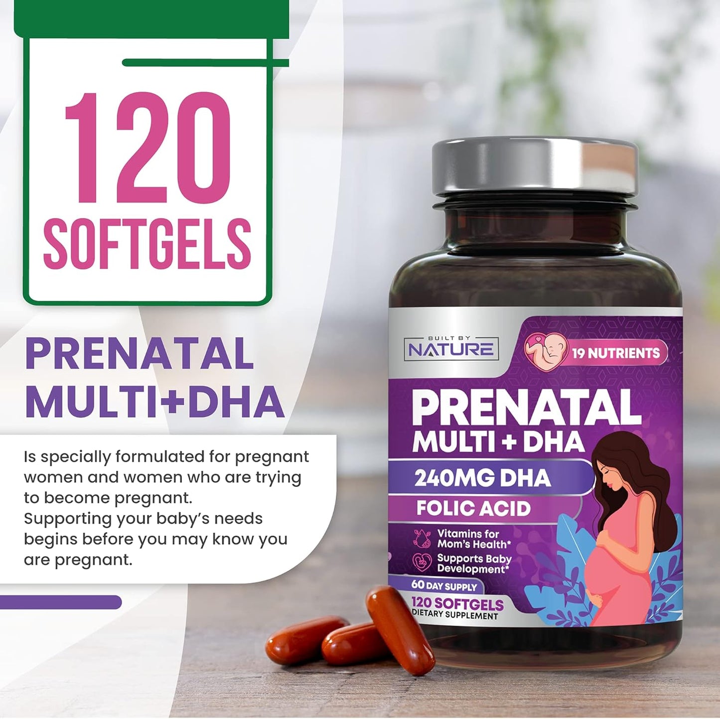 Prenatal Multivitamin with DHA, Folic Acid, Vitamin C, B12, Iron & Omega-3 - 120 Softgels for Women - Supports Healthy Growth & Brain Development Before, During, & After Pregnancy
