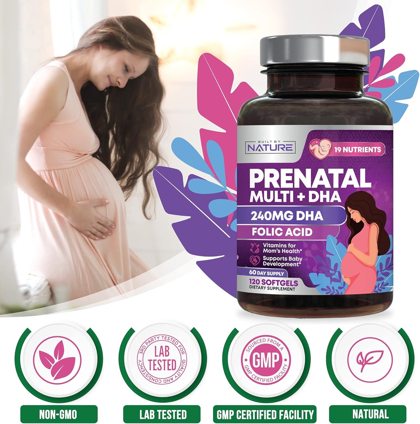 Prenatal Multivitamin with DHA, Folic Acid, Vitamin C, B12, Iron & Omega-3 - 120 Softgels for Women - Supports Healthy Growth & Brain Development Before, During, & After Pregnancy