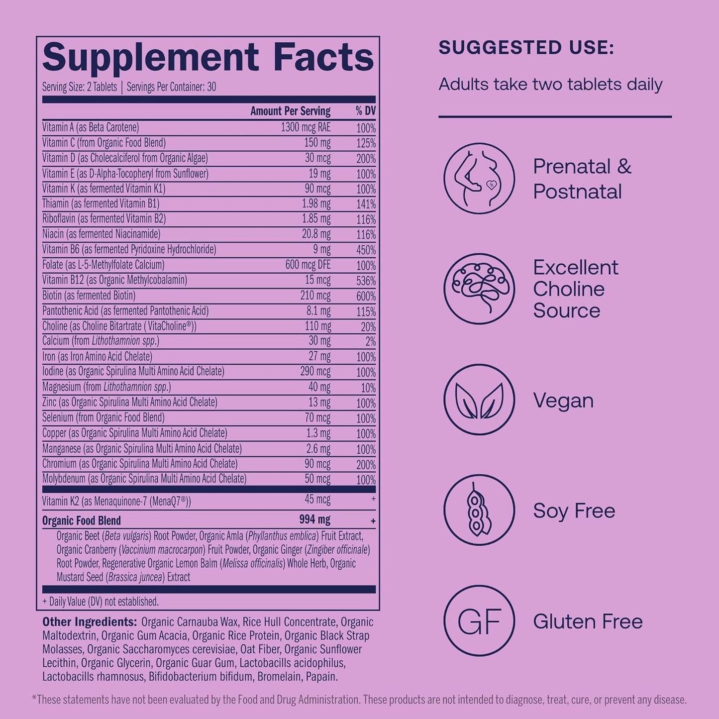 Prenatal Multivitamin with Methylfolate & Choline - 60 Vegan Tablets - Supports Healthy Mom & Baby - Gluten & Soy Free - 30 Servings