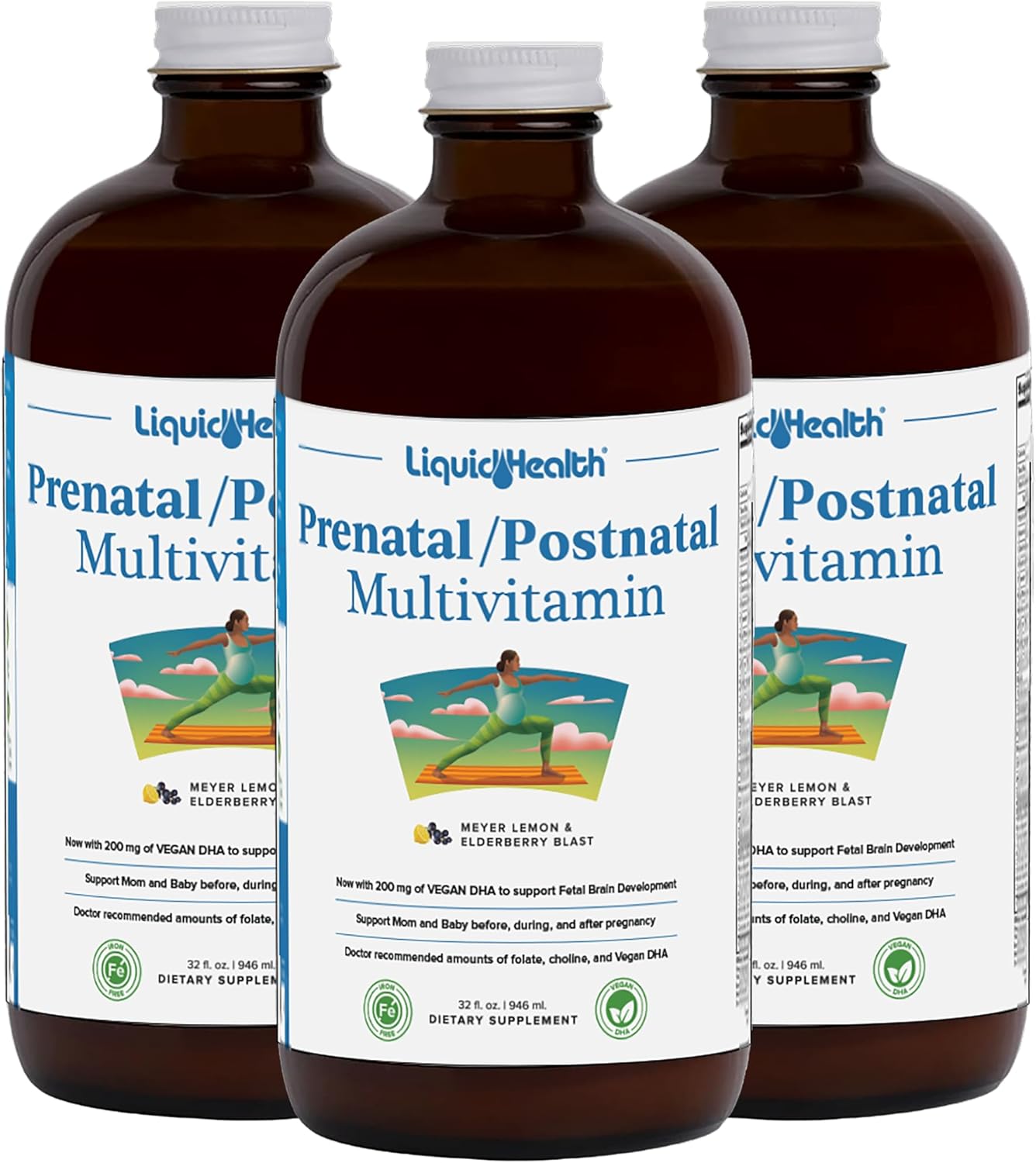 Prenatal & Postnatal Liquid Women's Multivitamin with Real Folate - Vegan, Sugar-Free, Non GMO - 3 Pack