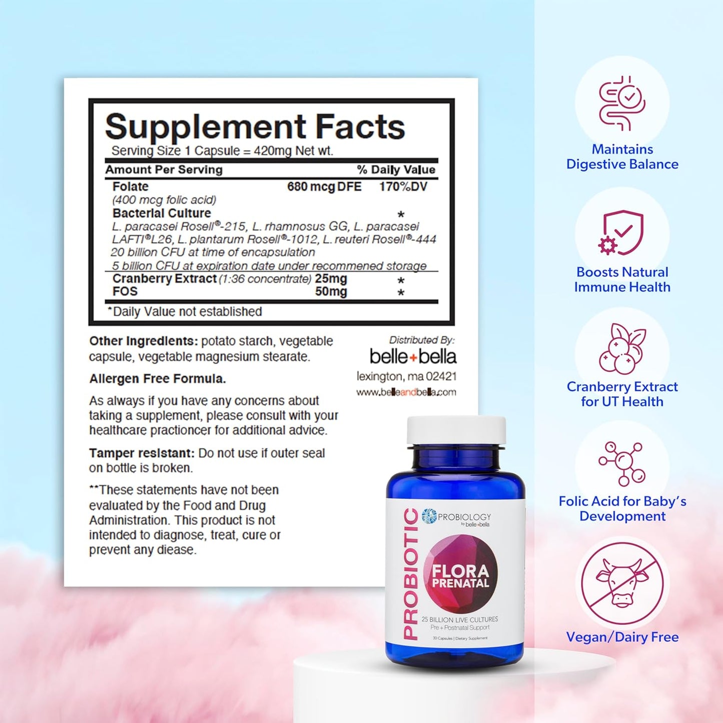 Prenatal Probiotic Capsules with Folic Acid for Women - Vegan & Gluten Free Supplement - 30 Capsules