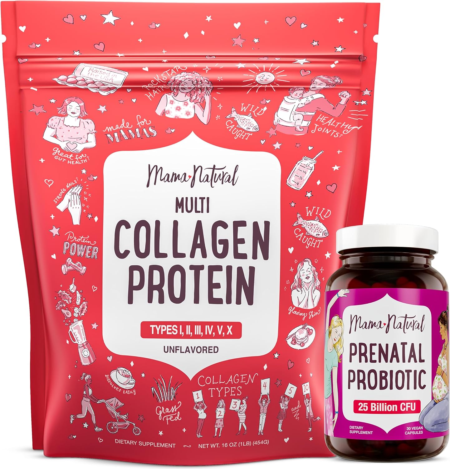 Prenatal Probiotics & Collagen Bundle for Women | Pregnancy Probiotic with 25 Billion CFU & 12 Strains | 16oz Unflavored Multi Collagen Protein Powder with 6 Types