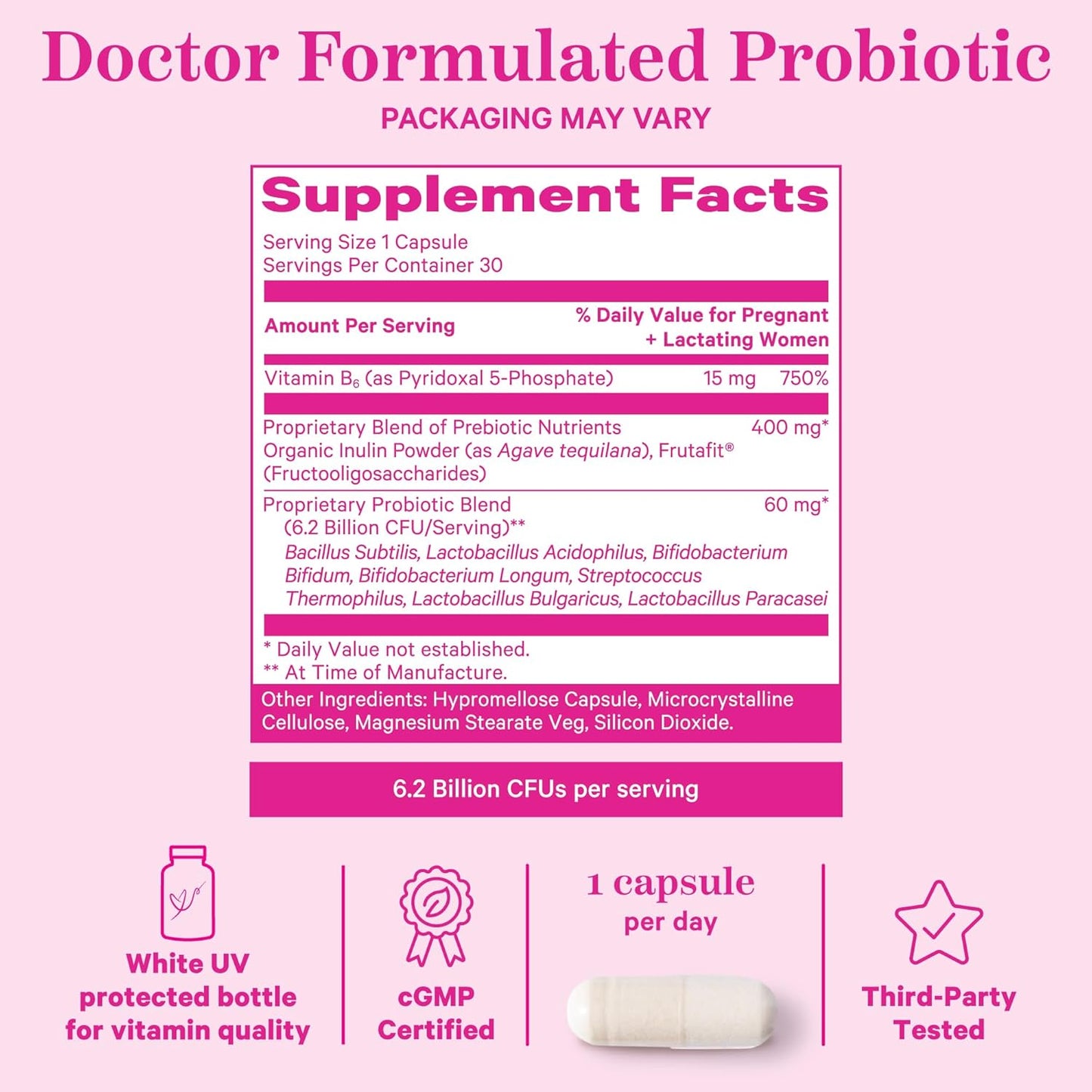 Prenatal Probiotics with Vitamin B6 and Prebiotics for Morning Sickness, Gut Health, and Immune Support during Pregnancy - 60 Capsules