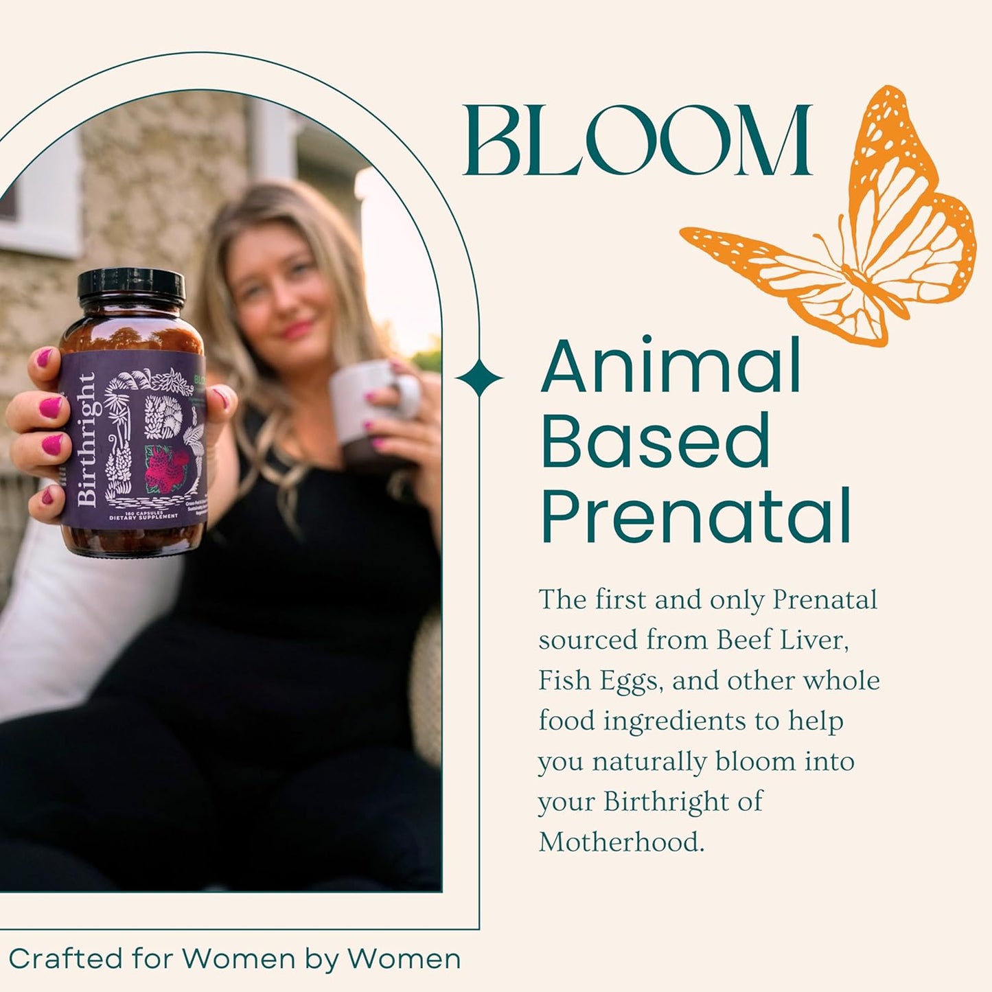 Prenatal Supplement with Folate, Choline, DHA for Fetal Development, from Grass Fed Sources and Herbal Blend Bloom