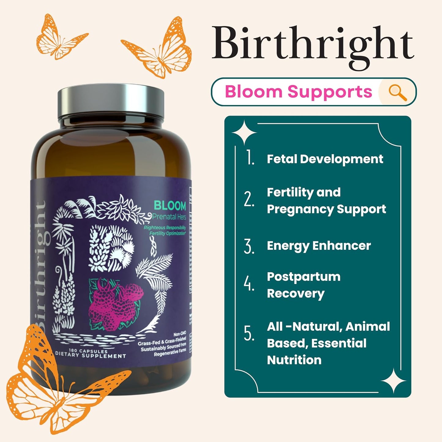 Prenatal Supplement with Folate, Choline, DHA for Fetal Development, from Grass Fed Sources and Herbal Blend Bloom