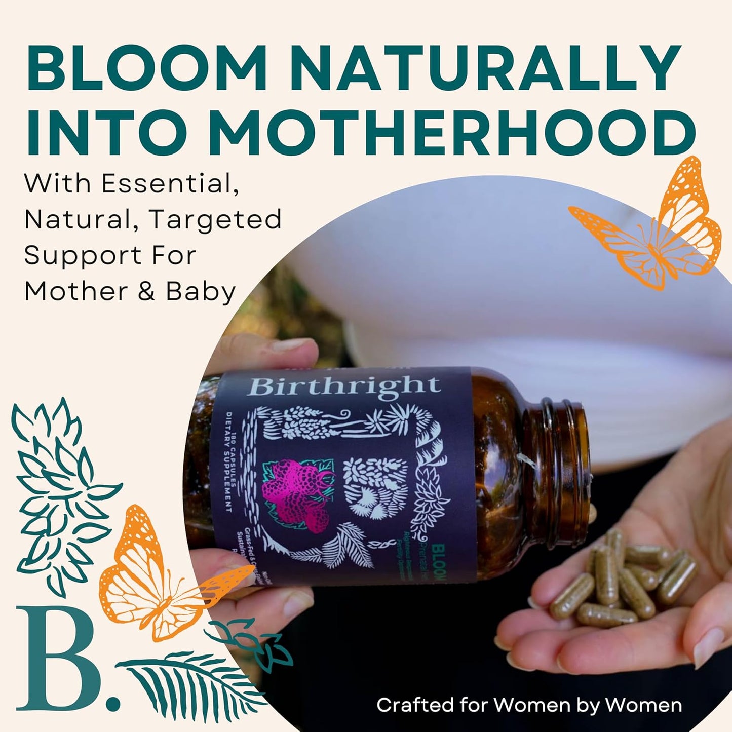Prenatal Supplement with Folate, Choline, DHA for Fetal Development, from Grass Fed Sources and Herbal Blend Bloom