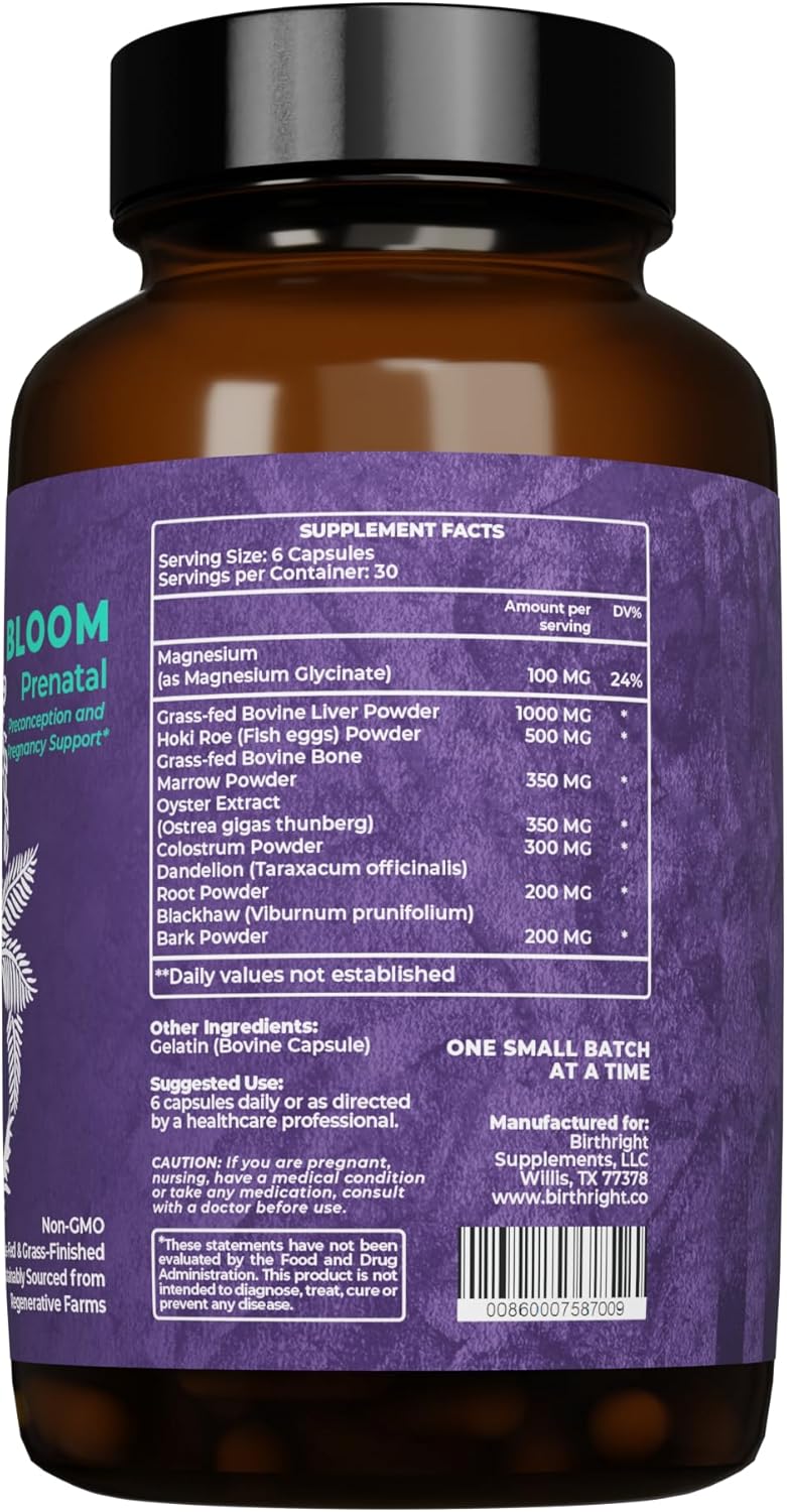 Prenatal Supplement with Folate, Choline, DHA for Fetal Development, from Grass Fed Sources and Herbal Blend Bloom