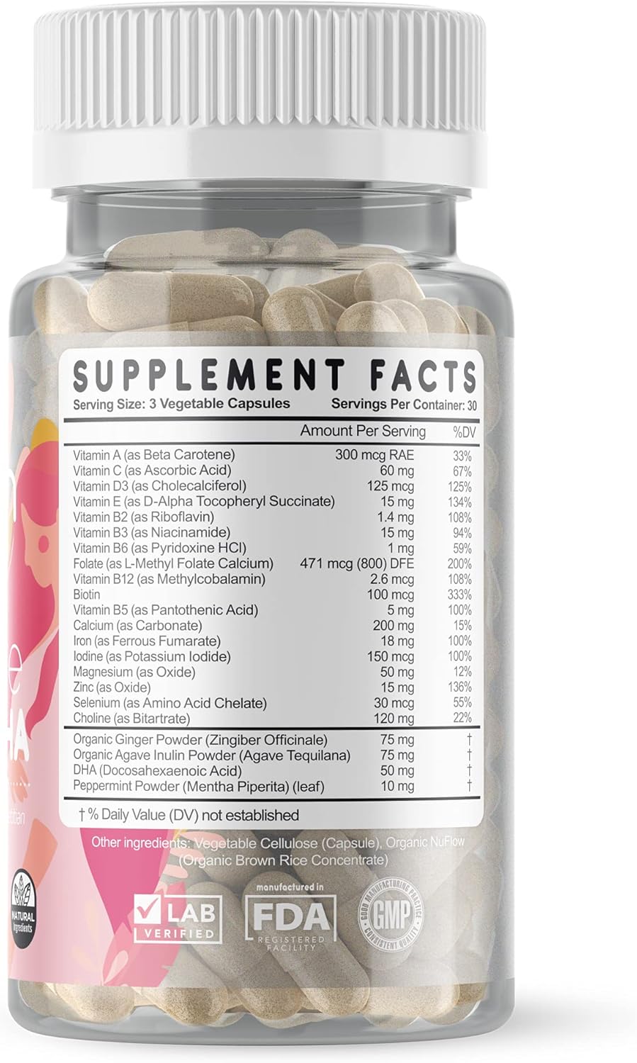 Prenatal Vitamin with DHA for Mom & Baby Development, 22 Essential Nutrients, Folate, Iron, Choline, Vitamin D3, Calcium, Non-GMO - 30 Day Supply