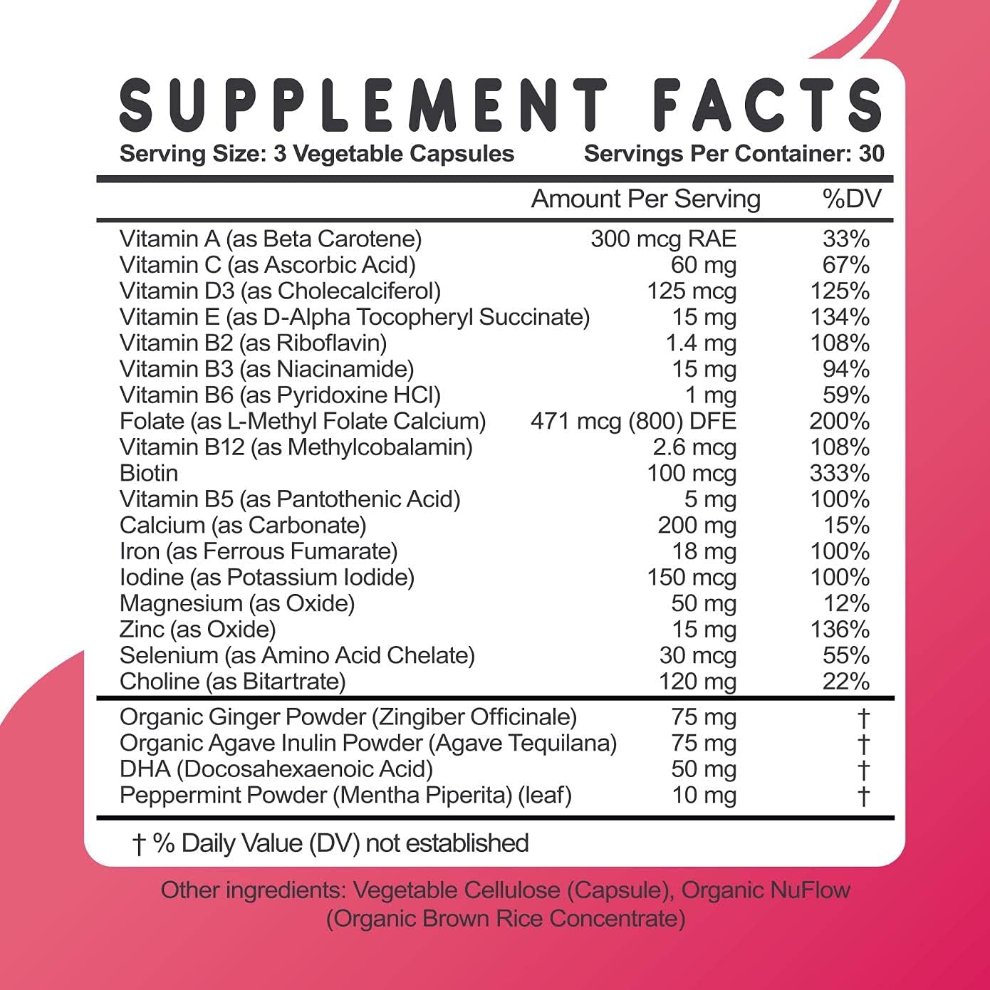 Prenatal Vitamin with DHA for Mom & Baby Development, 22 Essential Nutrients, Folate, Iron, Choline, Vitamin D3, Calcium, Non-GMO - 30 Day Supply