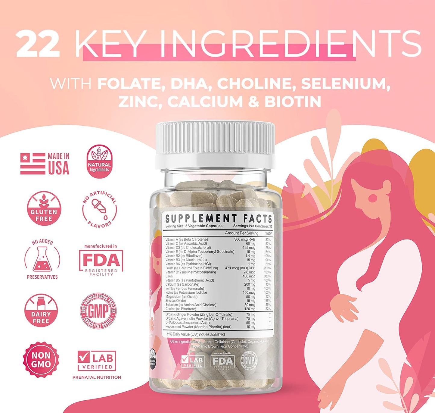 Prenatal Vitamin with DHA for Mom & Baby Development, 22 Essential Nutrients, Folate, Iron, Choline, Vitamin D3, Calcium, Non-GMO - 30 Day Supply