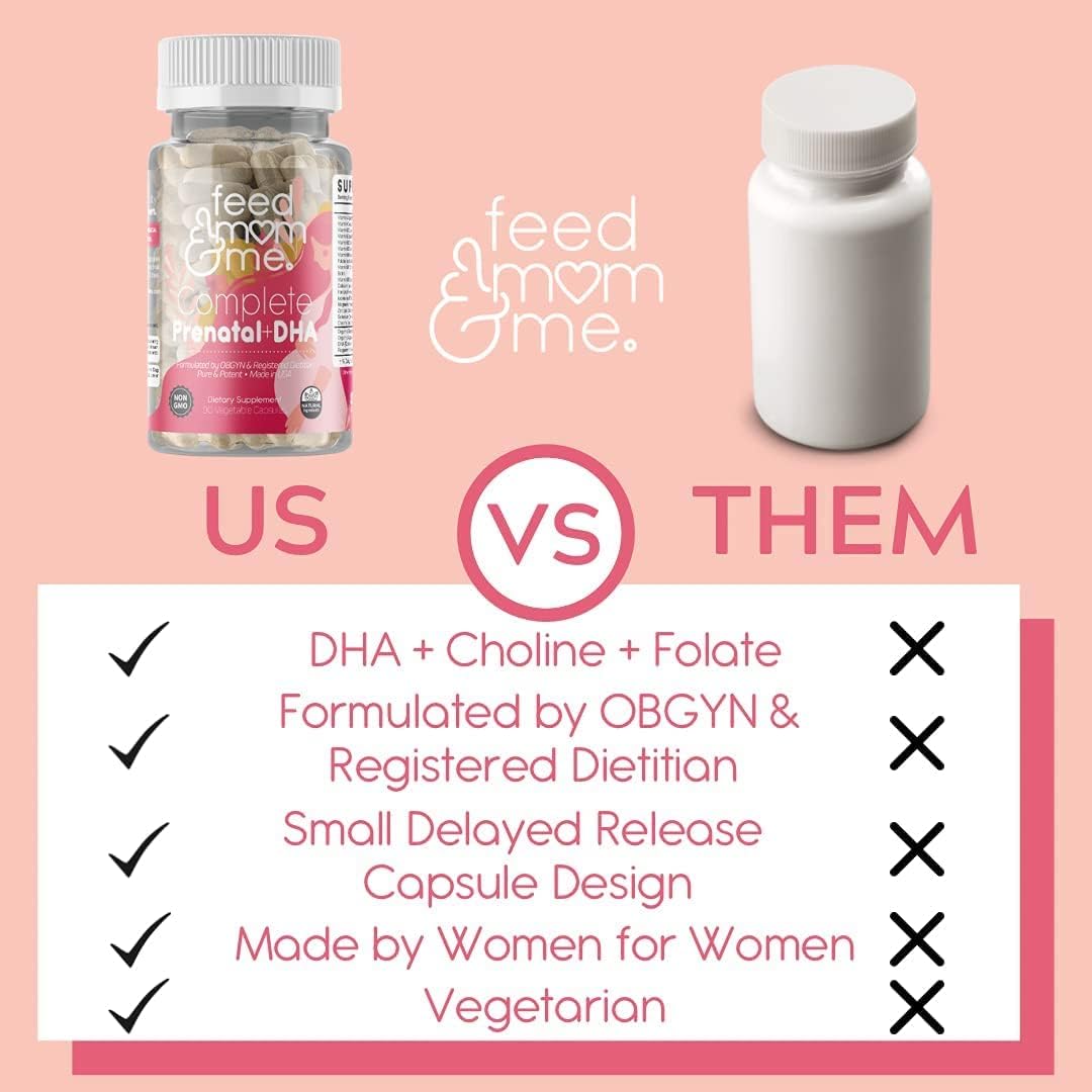 Prenatal Vitamin with DHA for Mom & Baby Development, 22 Essential Nutrients, Folate, Iron, Choline, Vitamin D3, Calcium, Non-GMO - 30 Day Supply