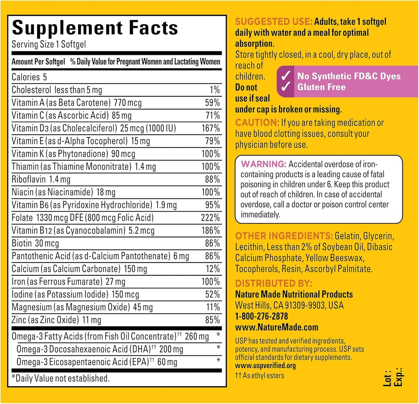 Prenatal Vitamin with Folic Acid, DHA, 110 Softgels for Daily Nutritional Support