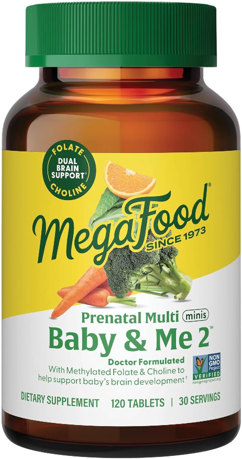 Prenatal Vitamins for Women - MegaFood Baby & Me 2 with Folate, Choline, Iron, Iodine, Vitamin C, D - 120 Mini Tabs