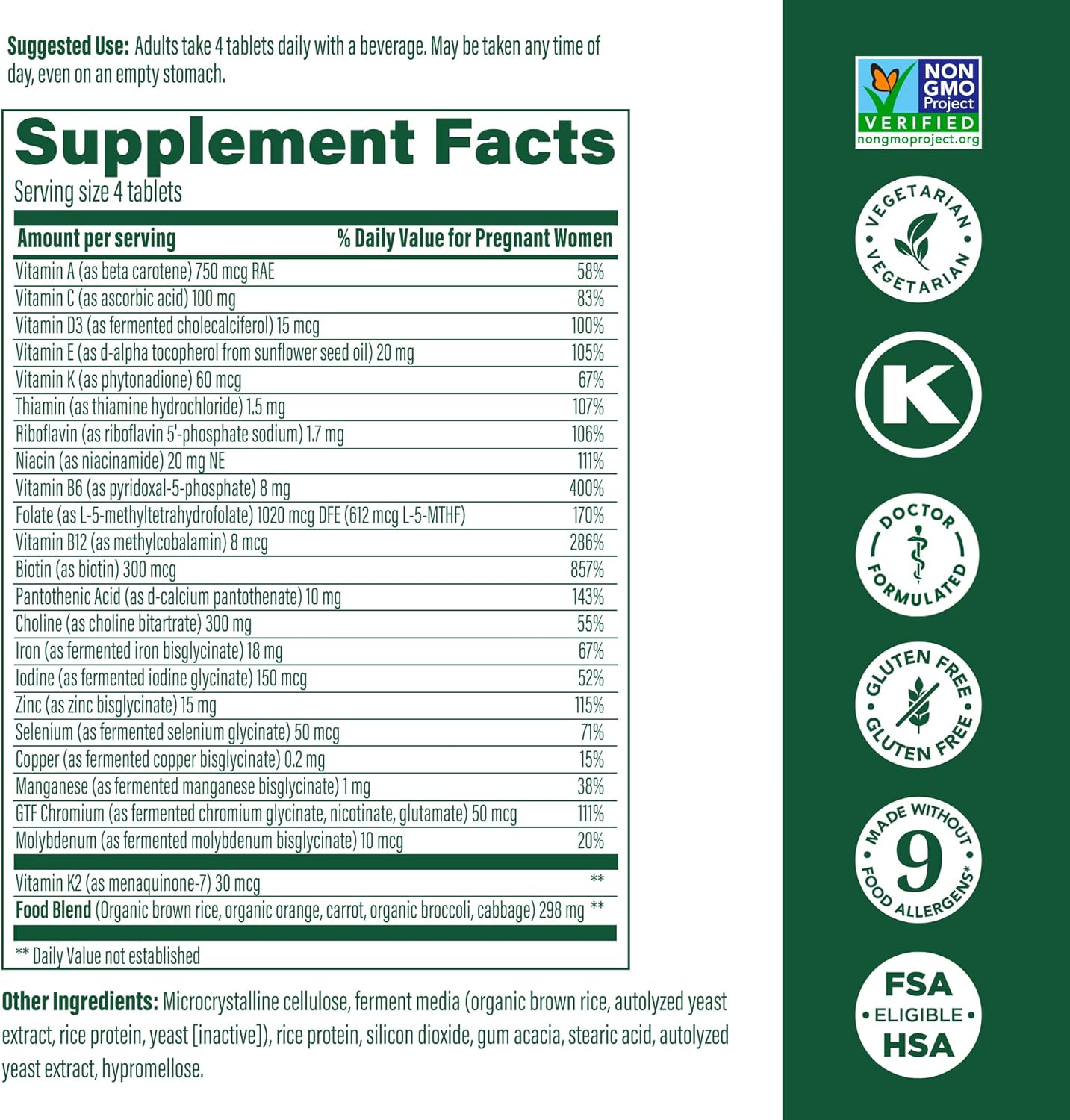 Prenatal Vitamins for Women - MegaFood Baby & Me 2 with Folate, Choline, Iron, Iodine, Vitamin C, D - 120 Mini Tabs