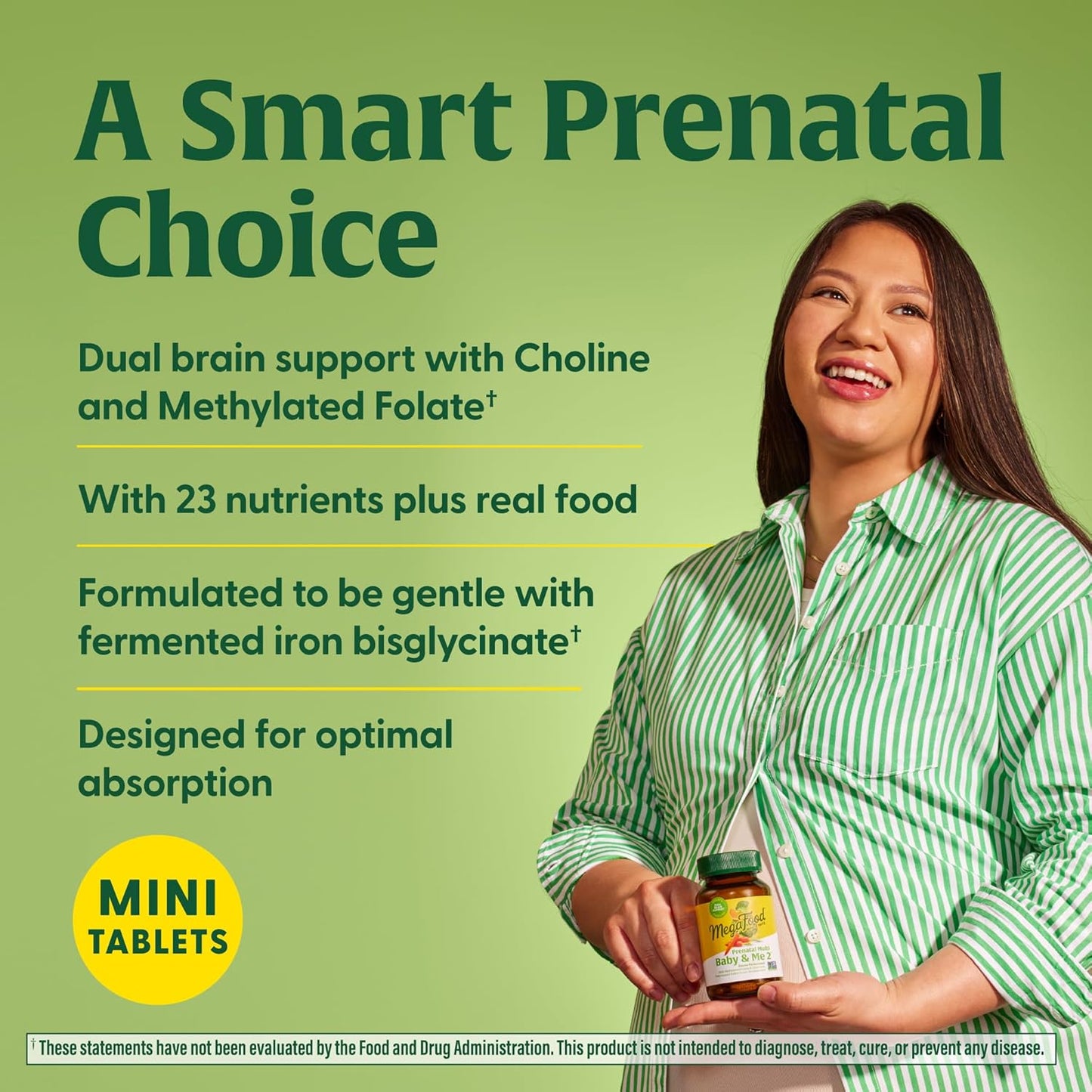 Prenatal Vitamins for Women - MegaFood Baby & Me 2 with Folate, Choline, Iron, Iodine, Vitamin C, D - 120 Mini Tabs