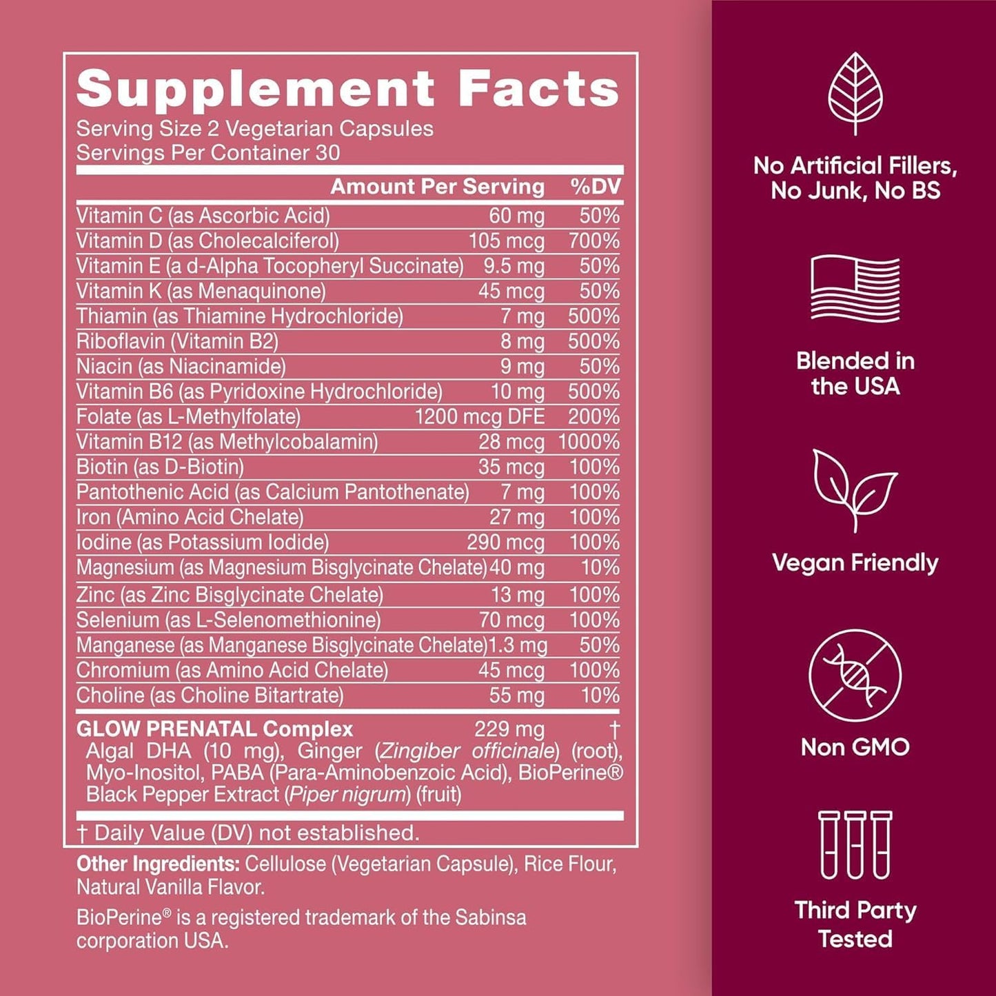 Prenatal Vitamins for Women with 20 Vital Nutrients – Folic Acid & Vegan DHA for Healthy Pregnancy and Baby's Growth – 60 Nourishing Capsules by Eu Natural Glow