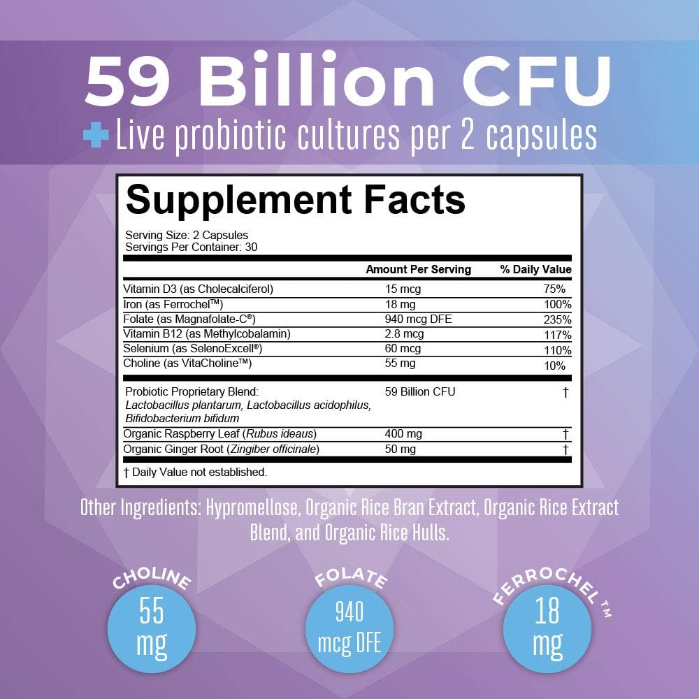 Prenatal Vitamins & Probiotics with 59 Billion CFU, Vitamin D3 & B12, Iron, Folate, Selenium, Choline - Vegan & Non-GMO - 60 Capsules by MaryRuth Organics